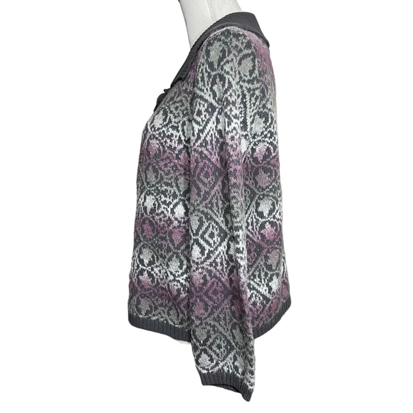 Cotton Blend Fair Isle Cardigan L Vintage VTG Ombre Collared Sweater Purple Gray - Picture 5 of 13